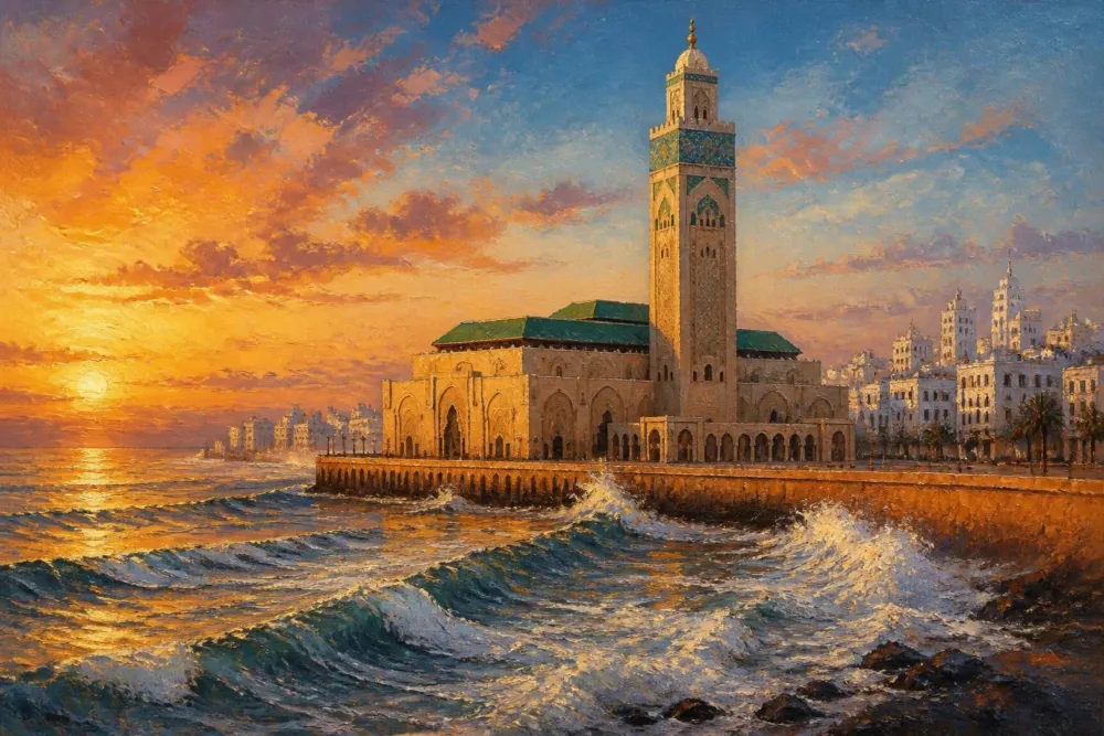 Peinture de la mosquée Hassan II de Casablanca face à l’océan, au coucher du soleil.