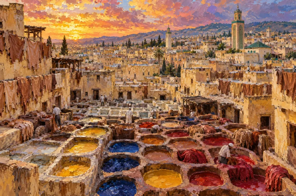 Peinture des tanneries de Fès au coucher du soleil : les cuves de teinture jaunes, rouges et bleues, les peaux qui sèchent sur les terrasses et les minarets de la médina.
