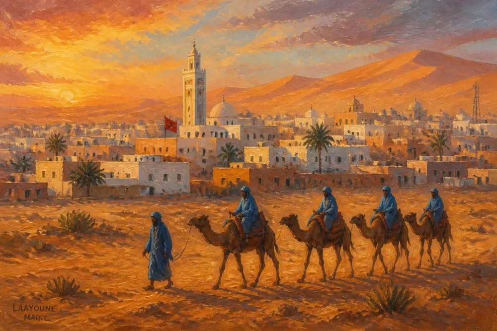 Peinture d’une caravane de dromadaires menée par des hommes en bleu devant Laâyoune et son minaret, les dunes au coucher du soleil.