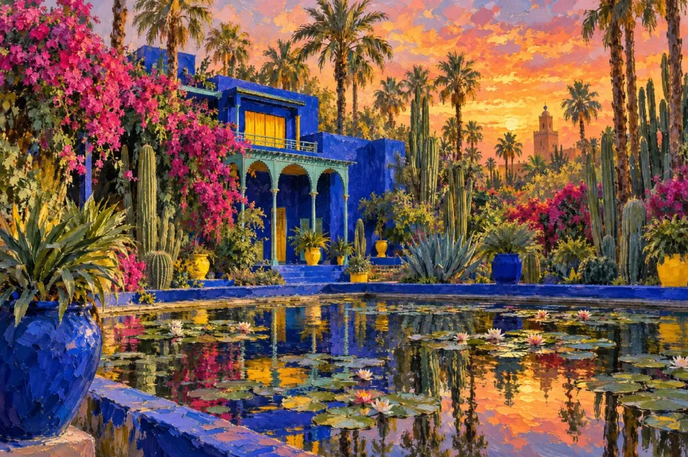 Peinture du jardin Majorelle à Marrakech : la villa bleue, les bougainvilliers et les cactus se reflètent dans le bassin aux nénuphars, au coucher du soleil.