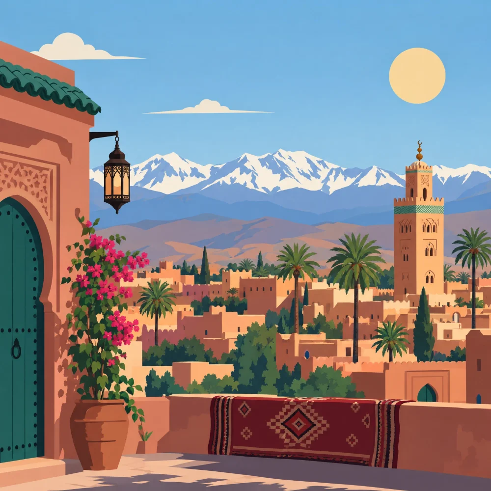 Illustration d’une terrasse de Marrakech : une lanterne, une porte verte et des bougainvilliers au premier plan, la Koutoubia et les palmiers devant l’Atlas enneigé.