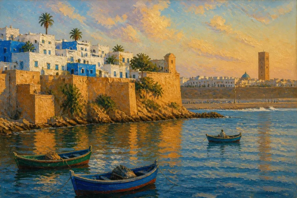 Peinture des remparts de la kasbah des Oudayas à Rabat, avec des barques sur l’eau et la tour Hassan au loin, au soleil couchant.