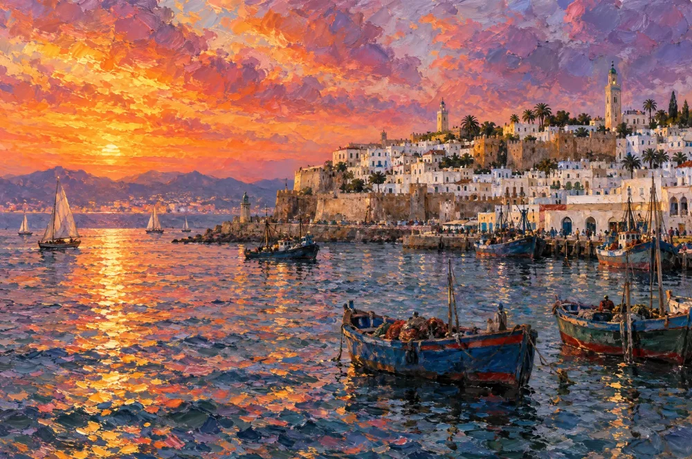 Peinture du port de Tanger au coucher du soleil : des barques de pêche et des voiliers devant la médina blanche, ses remparts et ses minarets.