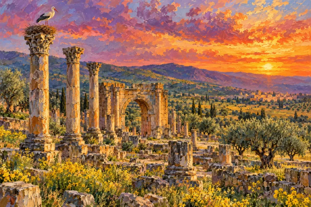Peinture des ruines romaines de Volubilis au coucher du soleil, une cigogne sur son nid au sommet d’une colonne, devant l’arc de triomphe et les oliviers.