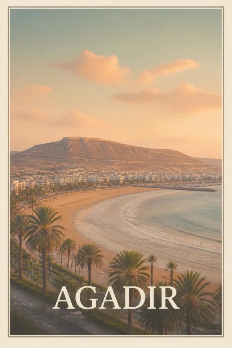 Affiche « Agadir » : la grande baie de sable bordée de palmiers et d’immeubles blancs, sous la colline de la kasbah au soleil couchant.