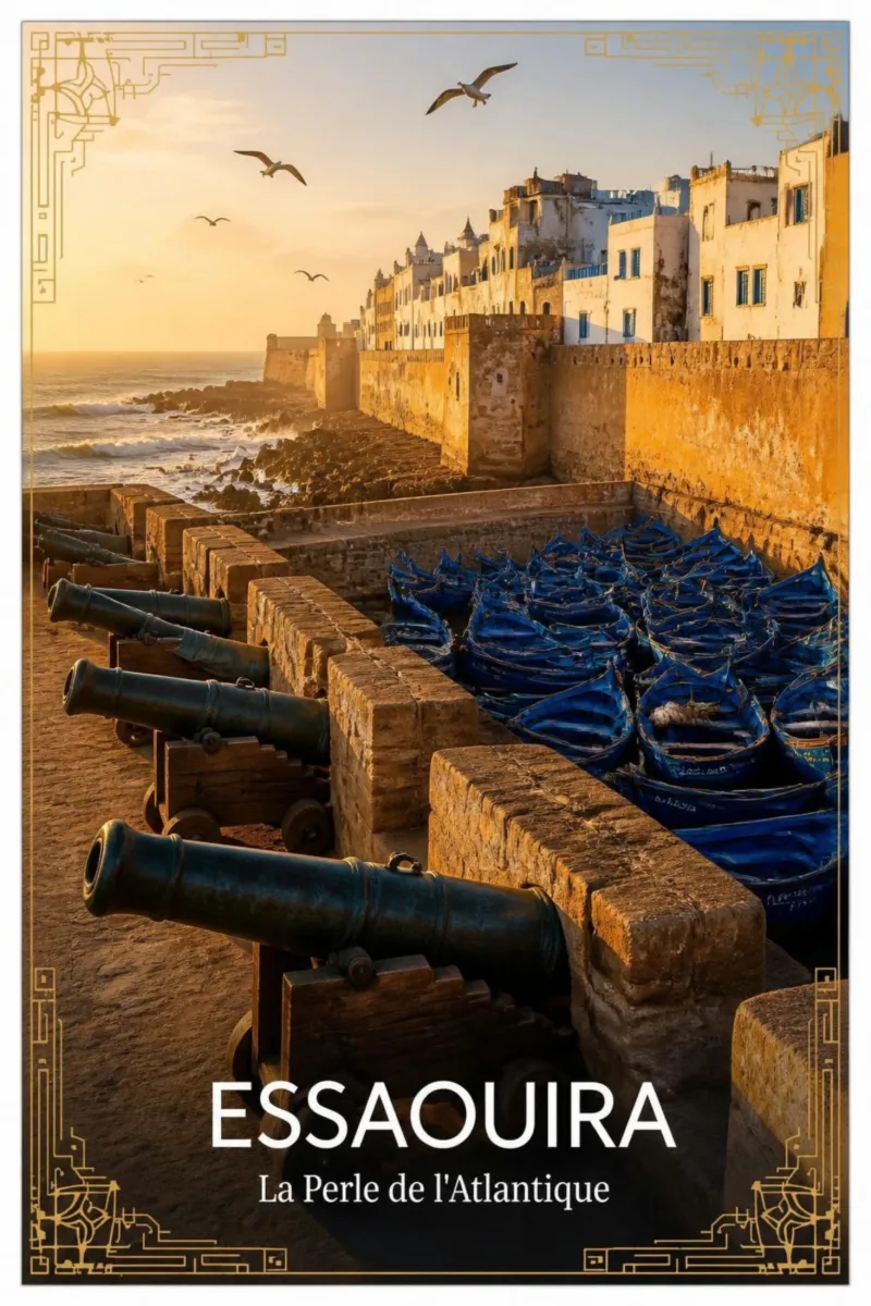 Affiche « Essaouira, la perle de l’Atlantique » : des canons alignés sur les remparts dominent un bassin rempli de barques bleues, avec les maisons blanches, les vagues et des mouettes au soleil couchant.