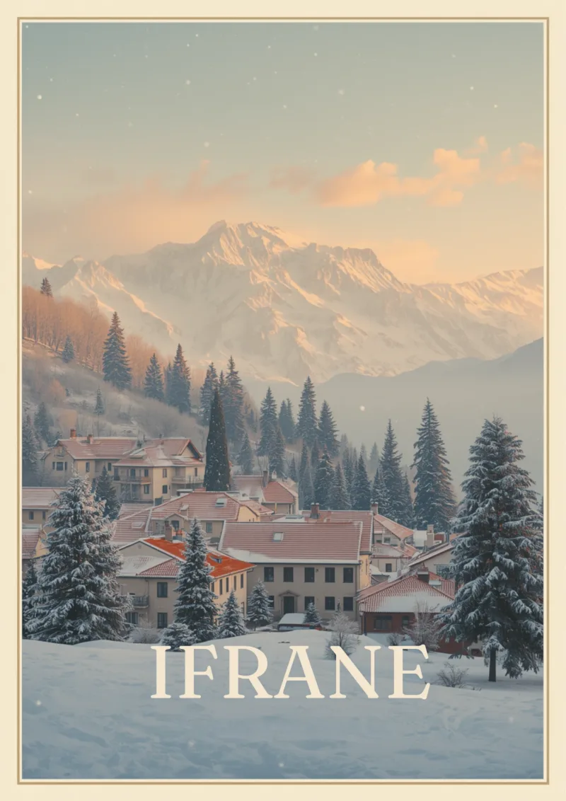 Affiche « Ifrane » : des maisons aux toits de tuiles sous la neige, des cèdres et des sommets enneigés au soleil couchant.
